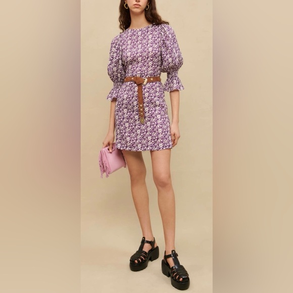 NWT MajeWomen's Purple Cutout Floral-print Linen-blend Mini Dress